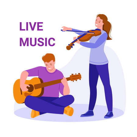 Young man guitarist and girl violinist play musical instruments. Live music. Vector illustration in flat cartoon style. Isolated on a white.のイラスト素材