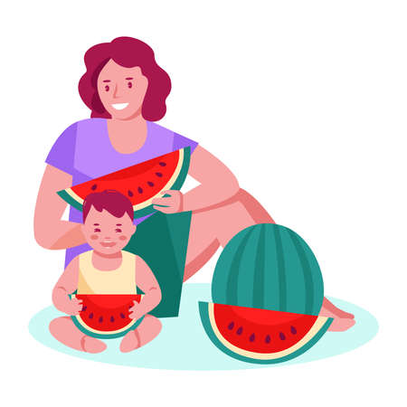 Mom and baby boy eat a watermelon at a summer picnic. The concept of family vacation, pastime. Vector illustration in flat cartoon style. Isolated on a white.のイラスト素材