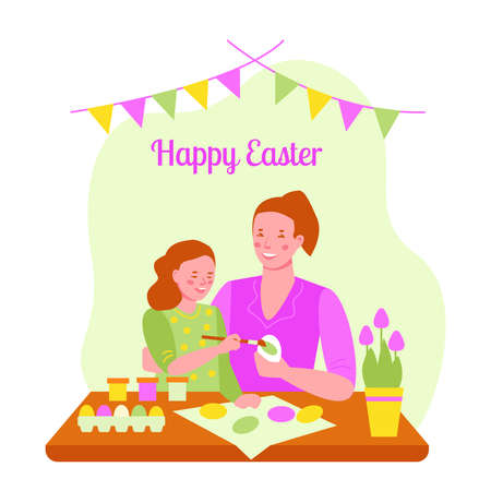 Happy easter. Mother and daughter decorate eggs together. For banner, cover, templates, posters, postcards. Vector illustration in flat cartoon style. isolated on white.のイラスト素材