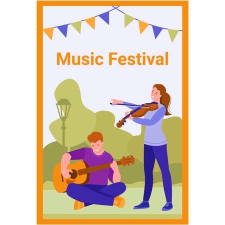 Musicians are playing in the park. Violinist and guitarist. For banner, cover, templates, posters. Vector illustration in flat cartoon.のイラスト素材