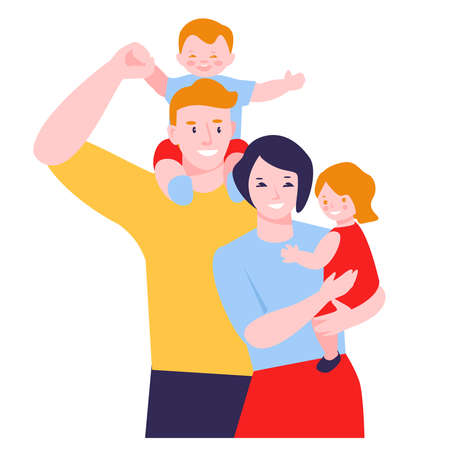 Happy family. Parents hold their children in their arms. Vector illustration in flat cartoon style. Isolated on a white.のイラスト素材