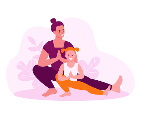 Mother and daughter are doing yoga. Family fitness classes concept. Vector illustration in flat cartoon.のイラスト素材
