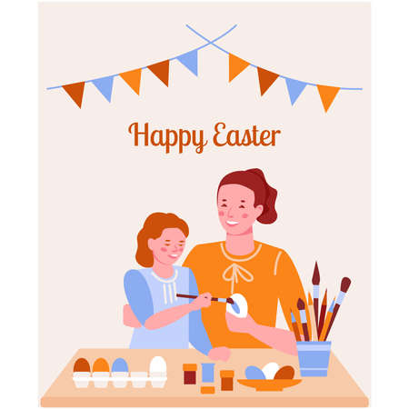 Happy easter. Mother and daughter decorate eggs together. For banner, cover, templates, posters, postcards. Vector illustration in flat cartoon style. isolated on white.のイラスト素材