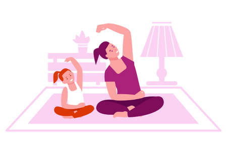 Mother and daughter do yoga at home. Home interior. The concept of family fitness classes and a healthy lifestyle. Vector illustration in flat cartoon.のイラスト素材