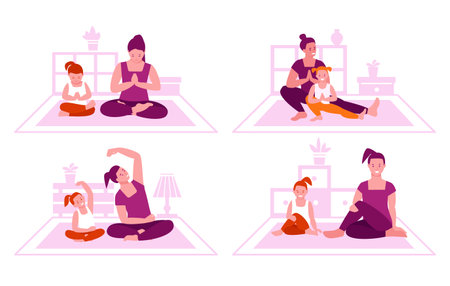 Family fitness concept. Mother and daughter do yoga together. Healthy lifestyle, spending time together. Set of vector illustrations in flat style.のイラスト素材