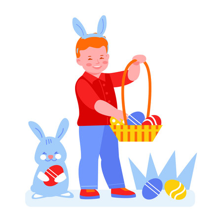 Easter composition . For greeting card, poster, banner. Little boy with a basket of eggs, rabbit. Vector illustration in flat cartoon style. Isolated on a white background.のイラスト素材