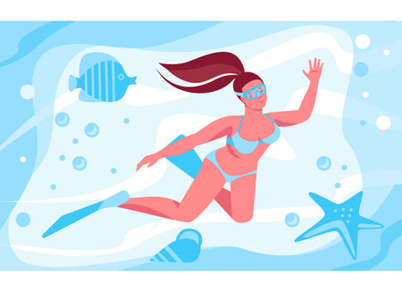 A girl in flippers and a mask swims in the depths of the ocean. Starfish, shellfish, fish. Vector illustration in flat cartoon style.のイラスト素材
