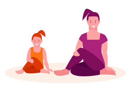 Mother and daughter are doing yoga. Family fitness concept. Vector illustration in flat cartoon style. Isolated on a white background.のイラスト素材