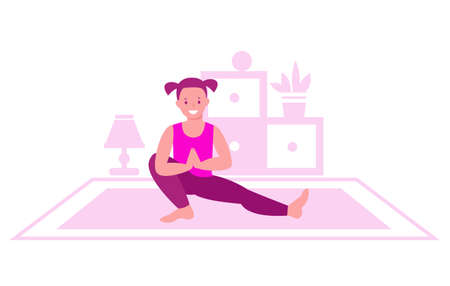 Little girl practices yoga on the background of the interior of the room. The concept of gymnastics, a healthy lifestyle for children. Vector illustrations in flat style.のイラスト素材