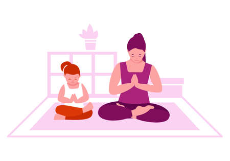 Mother and daughter do yoga at home. Home interior. The concept of family fitness classes and a healthy lifestyle. Vector illustration in flat cartoon style.のイラスト素材