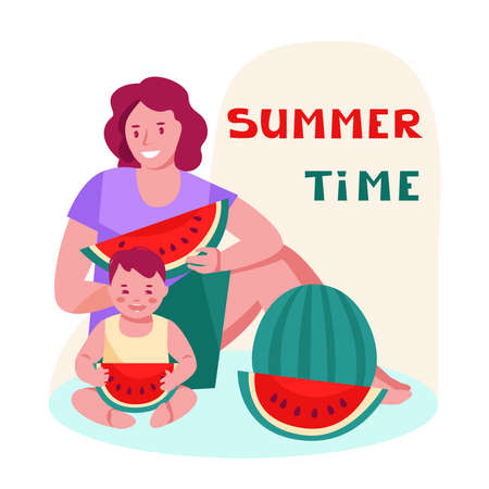 Summer time. Mom and boy eat watermelon at a picnic. The concept of family vacations, pastime. Vector illustration in flat cartoon style.のイラスト素材