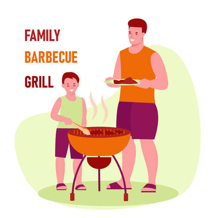 Father and son are preparing a barbecue grill. Family picnic, party, outdoor food. Vector illustration in flat style.のイラスト素材