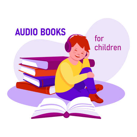 Audiobooks for children. A little boy with headphones listens to an audiobook. Vector concept in flat cartoon style.のイラスト素材