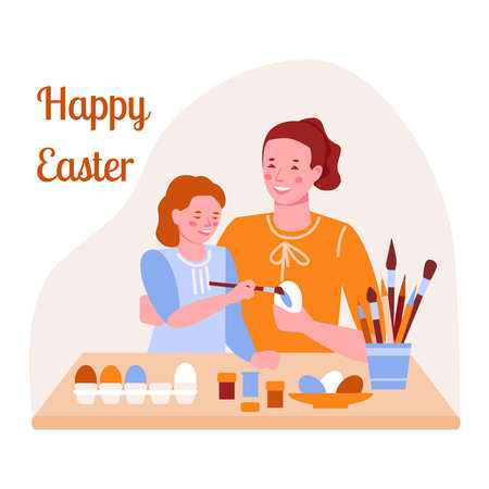 Happy easter. Mother and daughter decorate eggs together. For banner, cover, templates, posters, postcards. Vector illustration in flat cartoon style. isolated on white background.のイラスト素材
