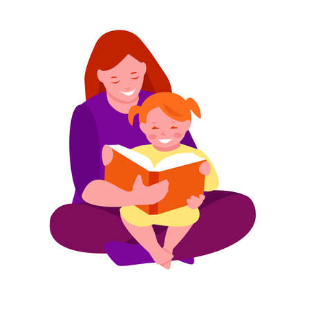 Mom reads a book to her daughter. The little girl sits on her mother's lap. Vector illustration in flat cartoon style. Isolated on a white.のイラスト素材