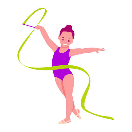 Rhythmic gymnast with a ribbon. Little girl in a gymnastic leotard. Vector illustration in flat cartoon style. Isolated on a white.のイラスト素材