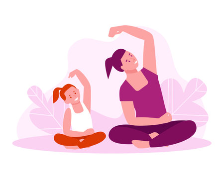 Mother and daughter are doing yoga. Family fitness classes concept. Vector illustration in flat cartoon.のイラスト素材