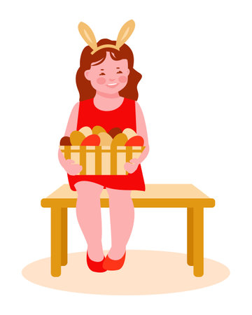 Little girl with a basket of Easter eggs are sitting on a bench. With rabbit ears. Egg hunt. Vector illustration in flat cartoon. For posters, cards, invitations.のイラスト素材