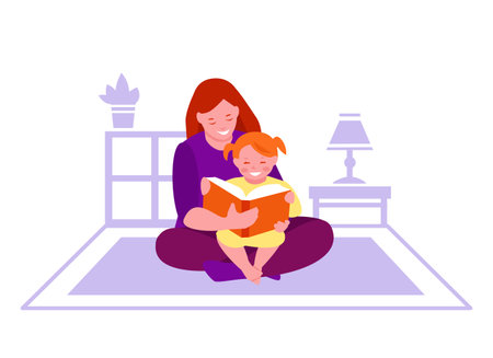Mother reads a book to her daughter in the room. A little girl sits on her mother's lap. Vector illustration in flat cartoon style. Isolated on a white.のイラスト素材