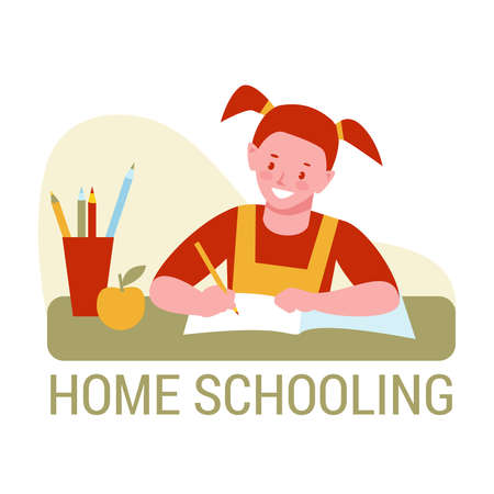 Schoolgirl doing homework. Home schooling, education concept. vector illustration in flat cartoon.のイラスト素材