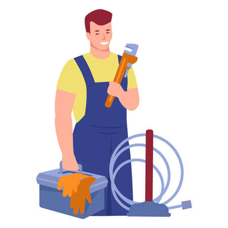 A working plumber with an adjustable wrench and a box of tools. Vector illustration in flat cartoon style. Isolated on a white.のイラスト素材
