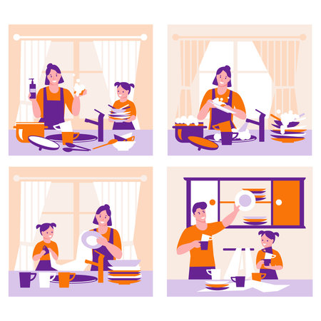Set of vector concepts for cleaning the kitchen, washing dishes by the family. Children help their parents. Illustrations in flat cartoon.のイラスト素材