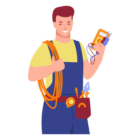 Working electrician with tools. Wires, tester in hands. Vector illustration in flat cartoon style. Isolated on a white.のイラスト素材