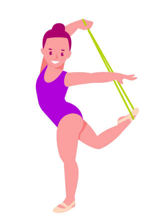 Rhythmic gymnast with a rope. Little girl in a gymnastic leotard. Vector illustration in flat cartoon style. Isolated on a white.のイラスト素材