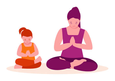 Mother and daughter are doing yoga. Family fitness concept. Vector illustration in flat cartoon style. Isolated on a white.のイラスト素材