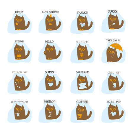 Set of vector. Cat with various gestures, symbols, emotions inscriptionsのイラスト素材