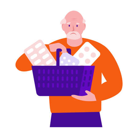 Sad elderly man with medicines, pills in a shopping basket. Vector illustration in flat cartoon style. Isolated on white.のイラスト素材