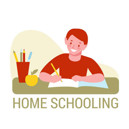 Home schooling. Child boy doing homework, writes in a notebook. Vector illustration in flat cartoon style. Isolated on a white.のイラスト素材