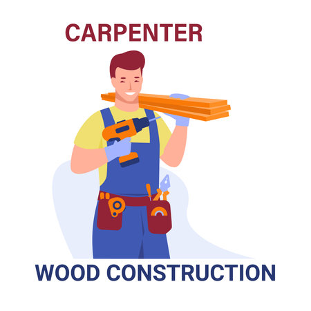 Workinga carpenter builder with drill and boards. Vector illustration in flat cartoon style. Isolated on a white.のイラスト素材