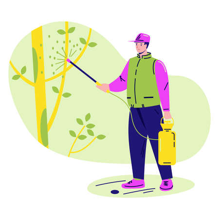 Spring processing of garden trees. A man sprays trees from diseases and insect pests. Vector illustration in flat style.のイラスト素材