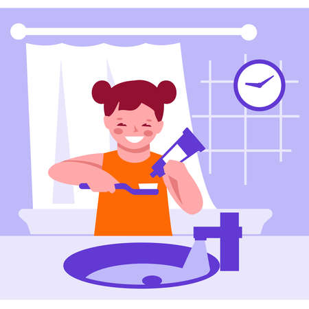 The little girl is brushing her teeth on the background of the bathroom interior. Hygiene, healthy lifestyle, routine. Vector illustration in flat cartoon style. Isolated on a white background.のイラスト素材