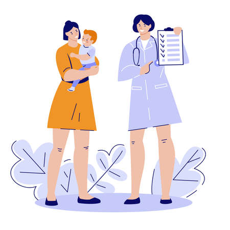 Woman doctor with a checklist on a clipboard. Mother with a baby in her arms. Recommendations for the health of the child. Vector illustration in flat style.のイラスト素材