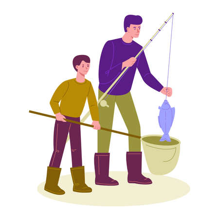 Father and son are fishing. They have a fishing rod and a net. Vector illustration in flat cartoon style. Isolated on a white background.のイラスト素材