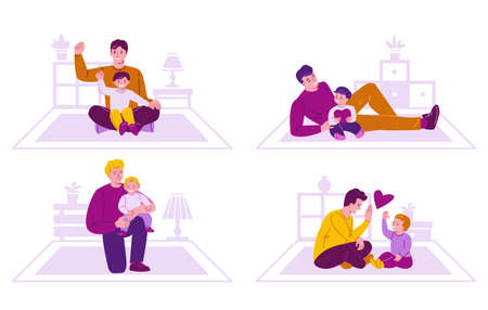 Set of concept of spending time together father and children. Family on the background of the interior of the room. Vector illustration in flat cartoon style.のイラスト素材
