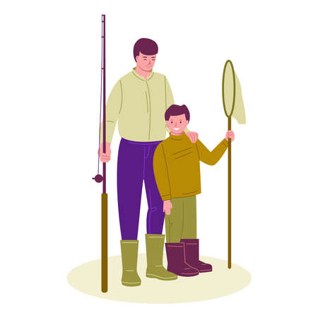 Father and son are fishing. They have a fishing rod and a net. Vector illustration in flat cartoon style. Isolated on a white background.のイラスト素材