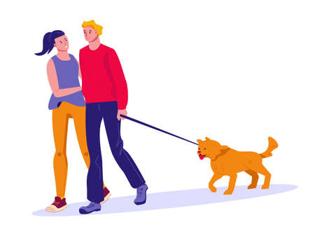 The girl and the guy are walking the dog in the summer. Vector illustration in flat cartoon style. Isolated on a white background.のイラスト素材