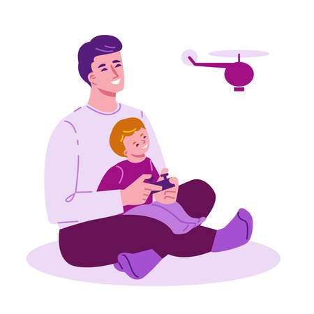 Father and son are playing with a radio-controlled helicopter. Happy family .Vector illustration in flat cartoon style. Isolated on a white background.のイラスト素材