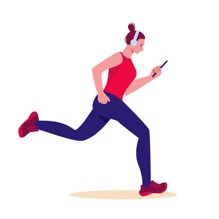 Girl running with phone and headphones. Vector illustration in flat cartoon style. Isolated on a white background.のイラスト素材