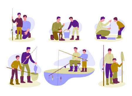 Set of vector illustrations of family fishing. Father and son are fishing. Flat cartoon style. Isolated on a white background.のイラスト素材