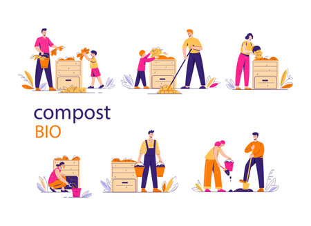Compost bin with bio-recycling of waste. A pile of waste for organic fertilizers. Gardeners people next to the box. Set of vector illustrations in flat style.のイラスト素材