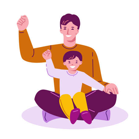 Father and son with winners gesture. Vector illustration in flat style. Isolated on a white background.のイラスト素材