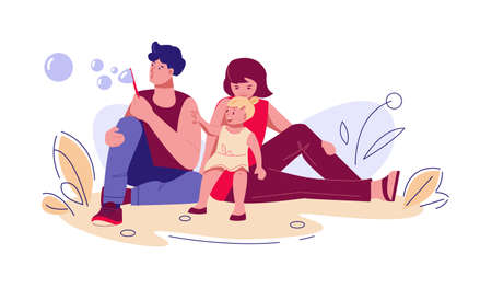 Family on summer vacation in nature. Father blows bubbles for little daughter. Mom holds the girl on her lap. Vector illustration in flat cartoon style.のイラスト素材