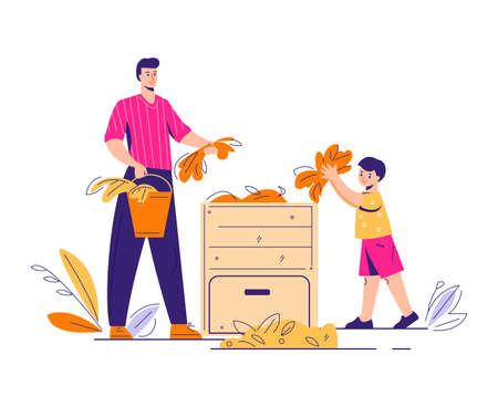 Father and son put organic garden waste into the compost bin. Bio organic fertilizer concept. Vector illustration in flat cartoon.のイラスト素材