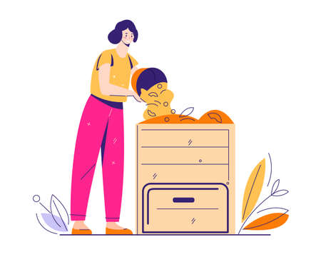 Recycling of organic kitchen and garden waste. A young woman puts garbage in the compost bin. Composting concept. Vector illustration in flat cartoon.のイラスト素材
