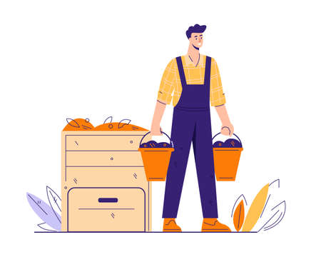 Composting organic waste concept. A man carries in buckets ready-made compost for organic farming. Vector illustration in flat cartoon. Isolated on white.のイラスト素材