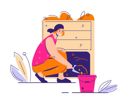 A young woman puts ready-made compost from a compost bin into a bucket. The concept of organic recycling, fertilizer for the garden. vector illustration in flat cartoon.のイラスト素材
